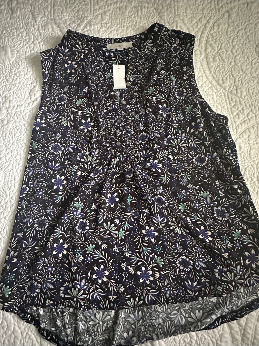 LOFT Black Floral Print Sleeveless Ruffled-Front Too